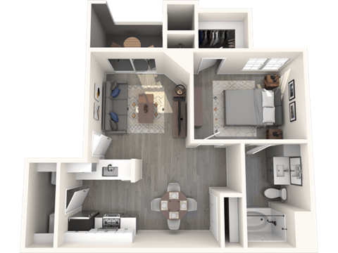 a 3d rendering of a floor plan with a bedroom and a living room